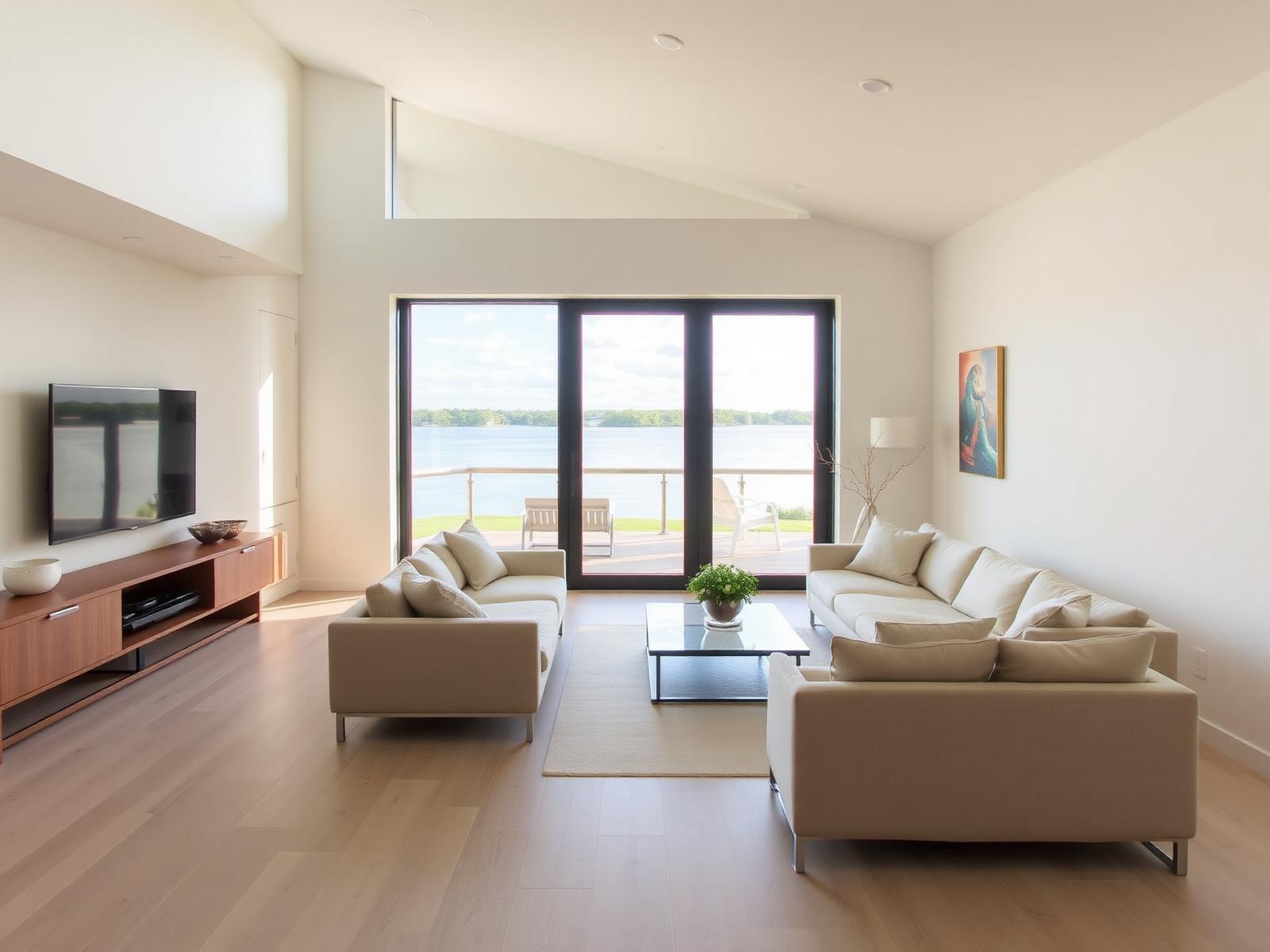 Minimalist great room with pale oak floors and bay views