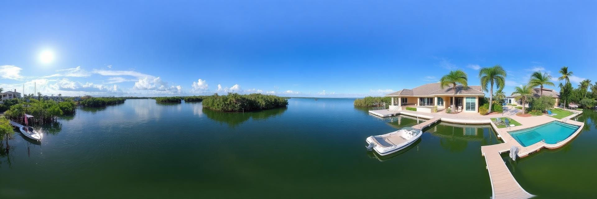 360 degree aerial panorama of the canal-front grounds, dock and mangroves