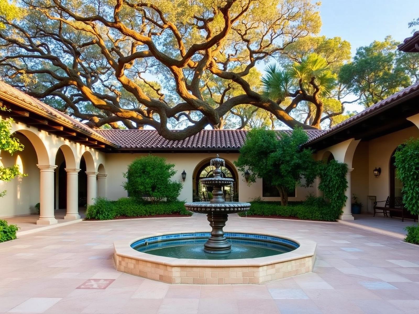 Mediterranean revival villa courtyard with tile roof, arched loggia and fountain under oaks