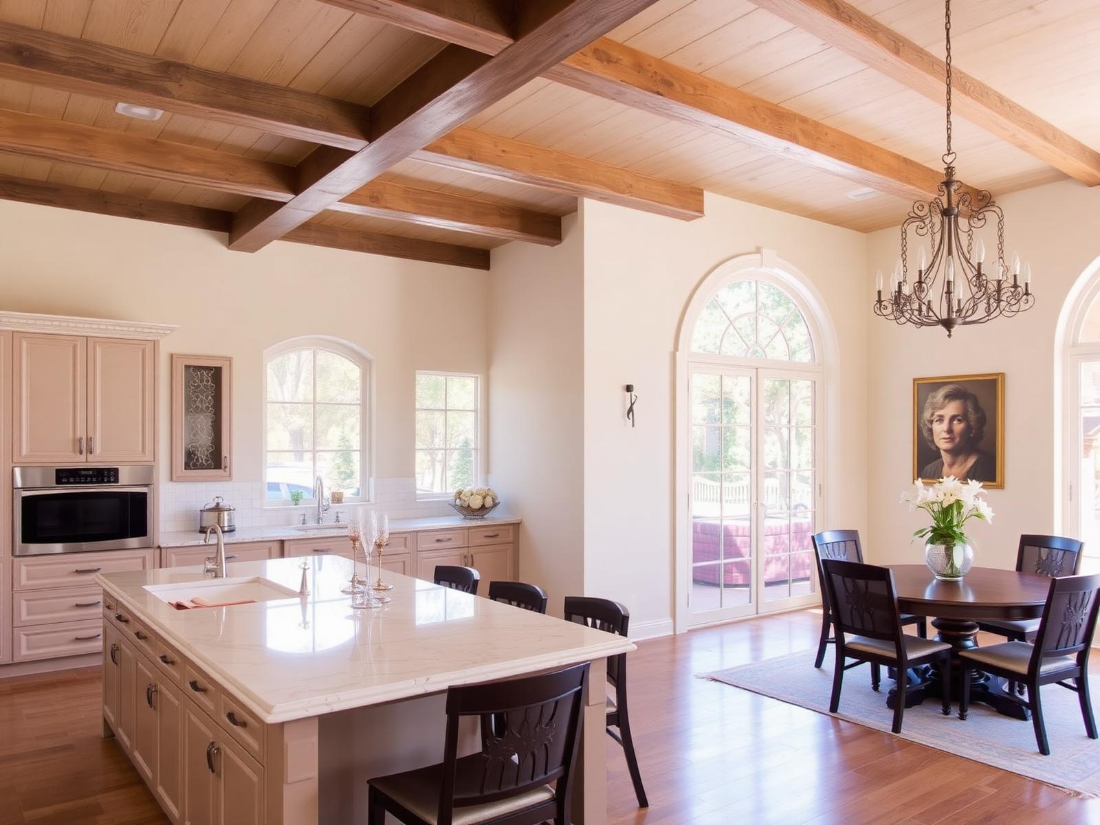 Marble island kitchen with pecky cypress beams