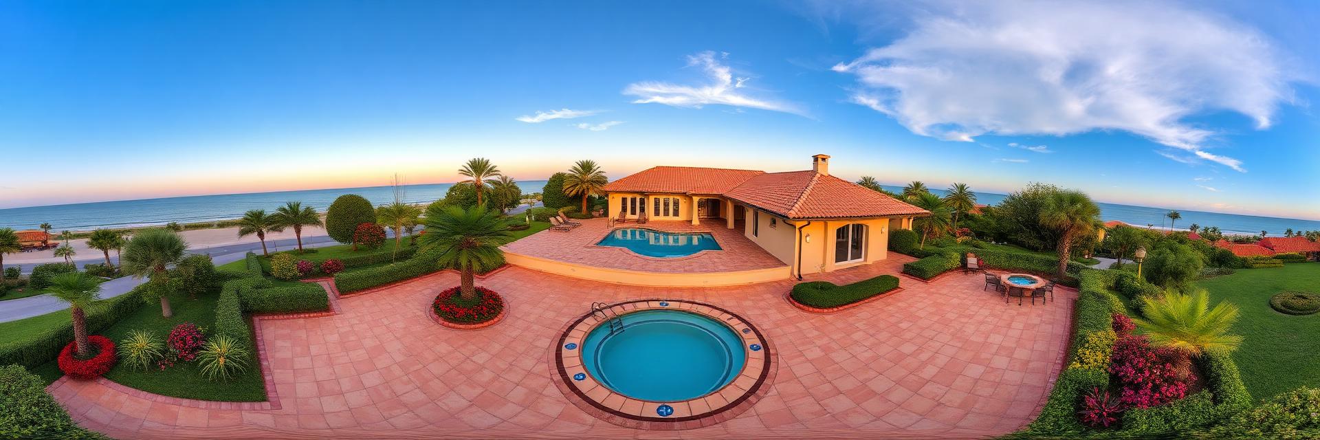 360 degree aerial panorama of the villa grounds, courtyard pool and Gulf horizon