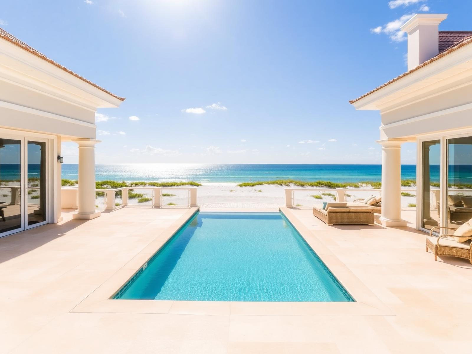 Beachfront villa pool deck framing white sand and turquoise Gulf water on Siesta Key