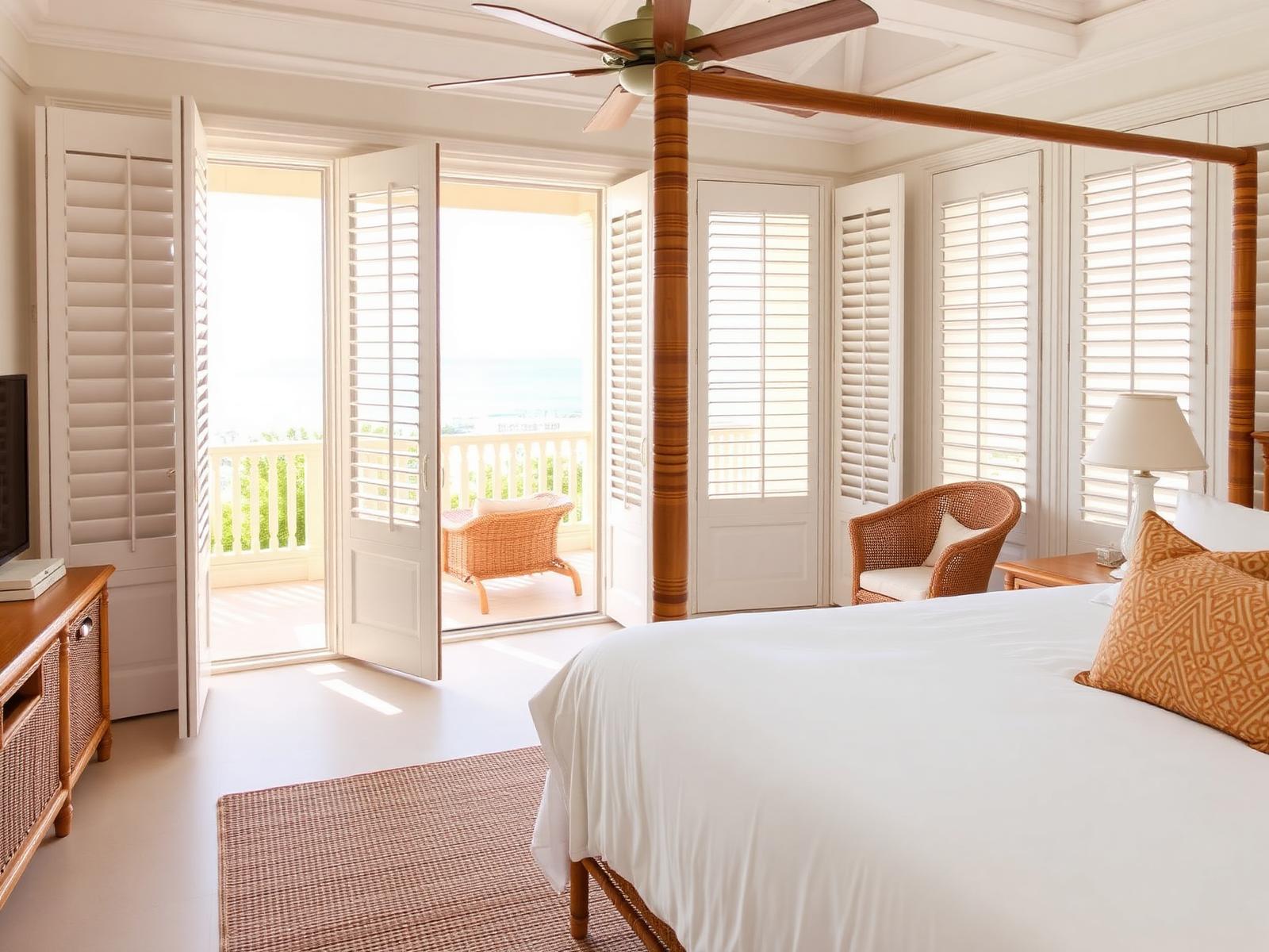 Primary bedroom with plantation shutters and Gulf-view balcony
