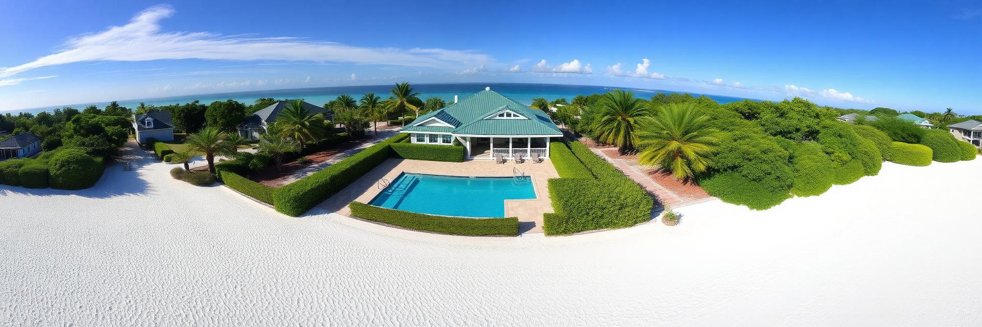 360 degree aerial panorama of the beachfront grounds, pool and Siesta Key sand