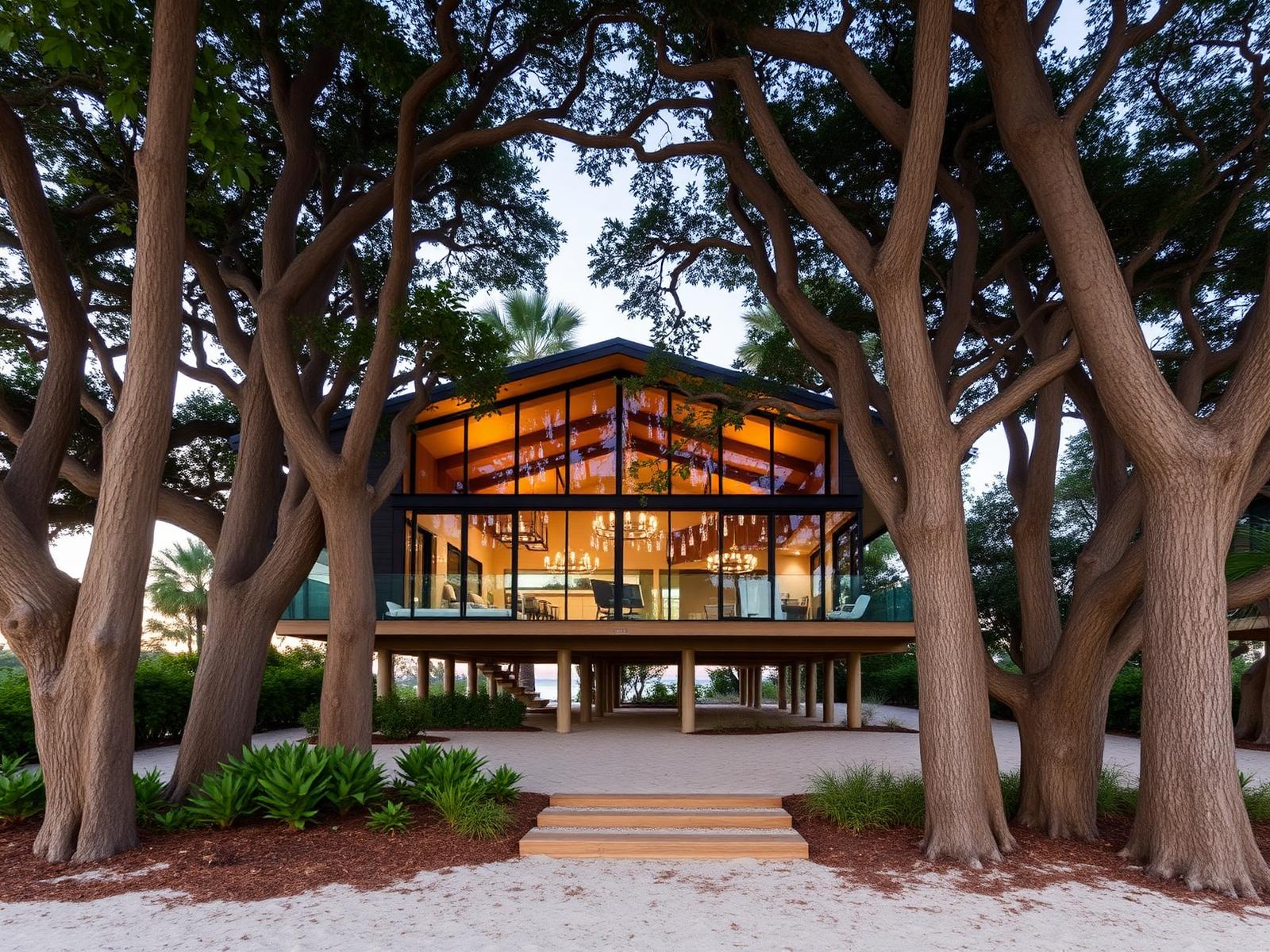 Elevated modern glass beach house glowing at dusk among coastal live oaks on Casey Key