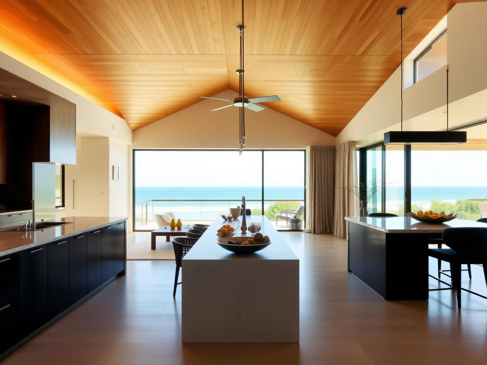 Living pavilion with cypress ceiling and Gulf-facing glass