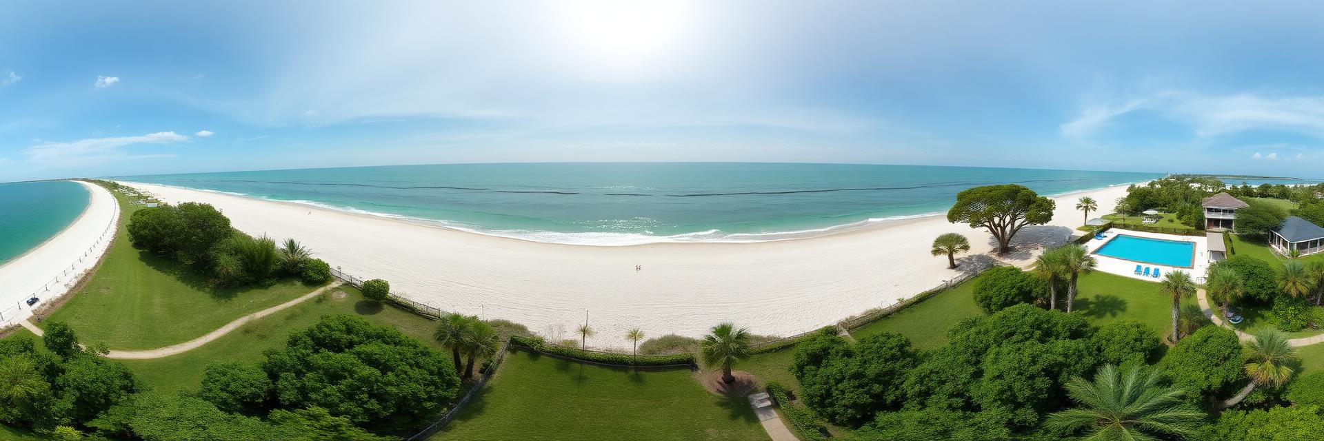 360 degree aerial panorama of the Gulf to bay grounds, beach and pool