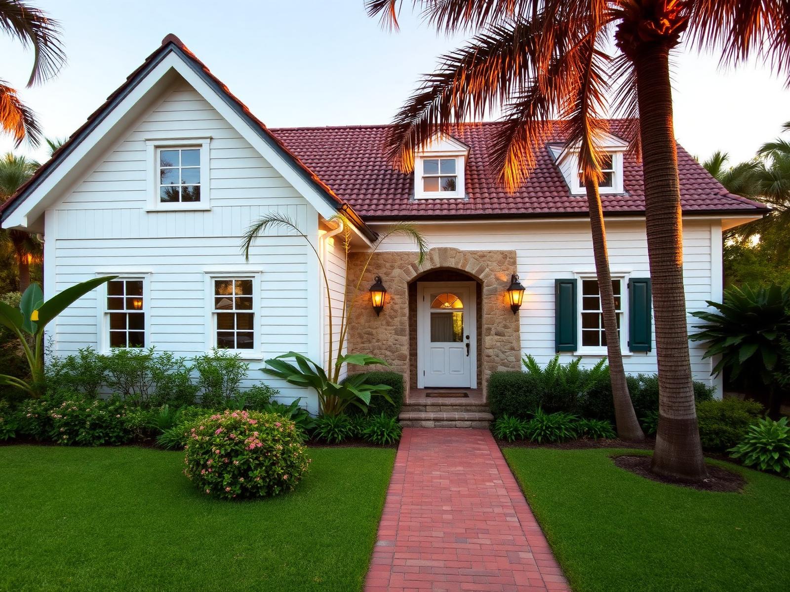White clapboard and stone Old Naples cottage with brick walkway and tropical garden at golden hour