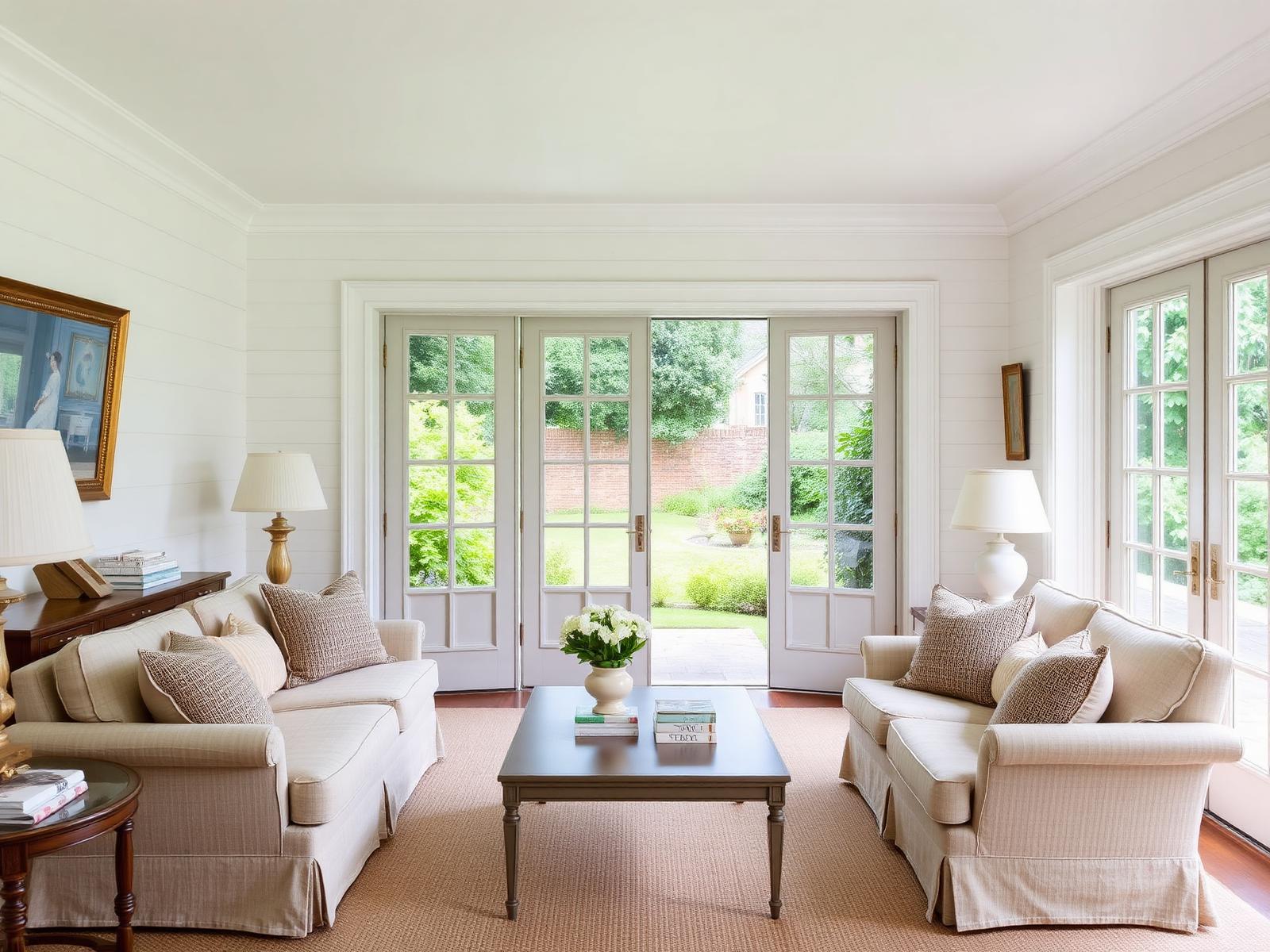 Shiplap sitting room with French doors to the garden