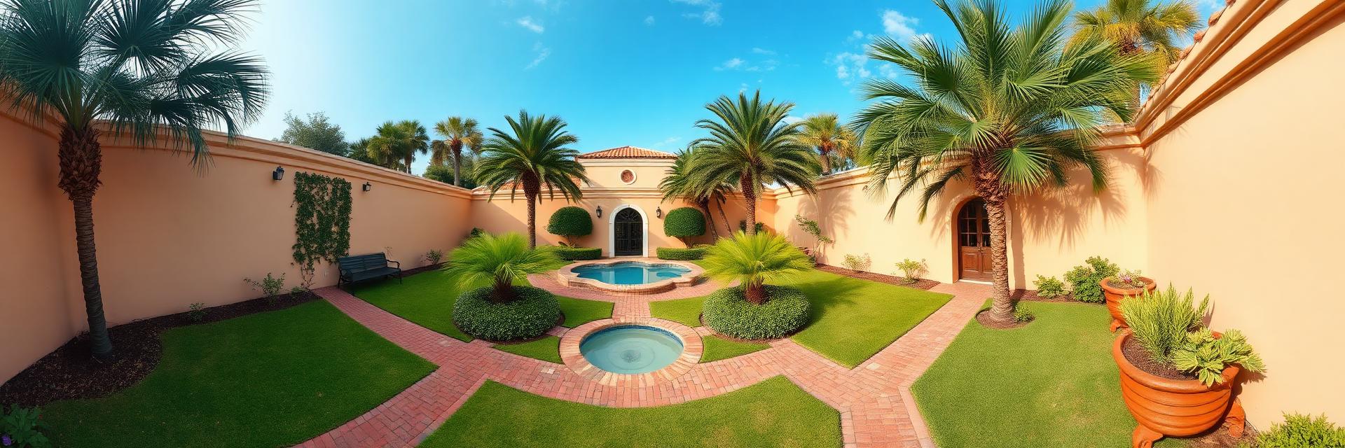 360 degree aerial panorama of the walled garden grounds, plunge pool and palms